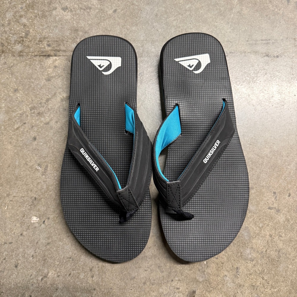 Quiksilver Mens Flip Flop Sandals Black Blue Logo Thong Beach Slides 11.5 Inch